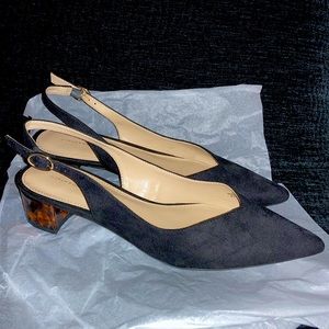 Black pointed sling back low heels faux suede and tortoise shell pattern heel 8